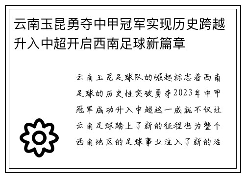 云南玉昆勇夺中甲冠军实现历史跨越升入中超开启西南足球新篇章 云南玉昆勇夺中甲冠军实现历史跨越升入中超开启西南足球新篇章